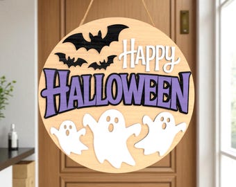 ゴーストハロウィンドアハンガーSVG、ハッピーハロウィンコウモリサインSVG、不気味なポーチデコレーションSVG、かわいいゴースト丸型ドアサイン、Glowforgeレーザーカットファイル