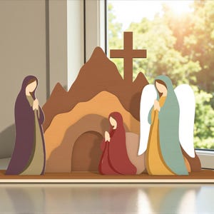 Könnte beinhalten: Eine Krippenszene aus Holz mit Figuren in Lila, Rot, Gelb und Blau. Die Szene umfasst ein Kreuz, eine bergähnliche Struktur und Figuren, die Maria, einen Engel und eine kniende Figur darstellen. Die Figuren stehen auf einem Holzsockel.