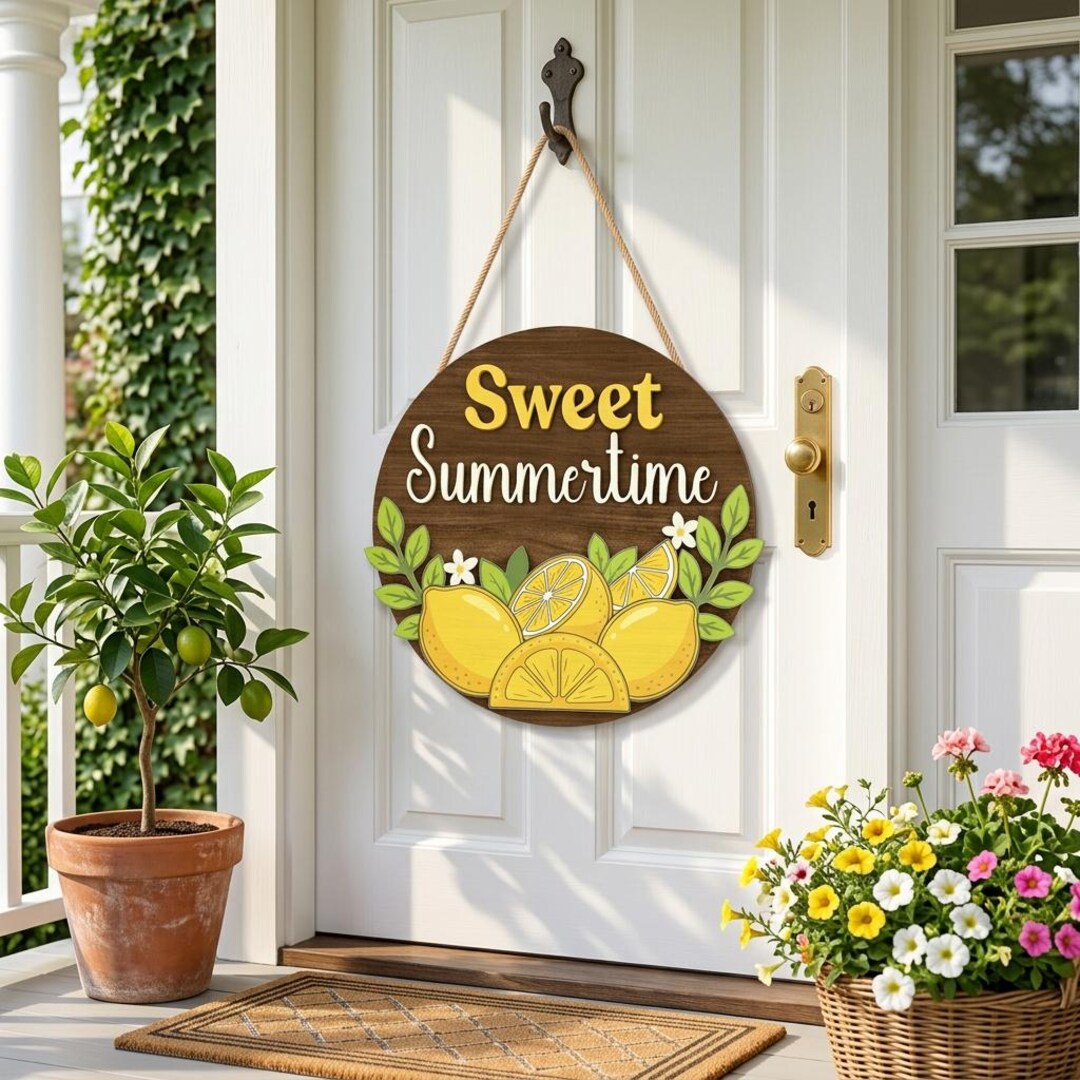 Summertime Sign Sweet Summertime Door Sign SVG, Summer Laser Cut File, Lemon Wooden ...