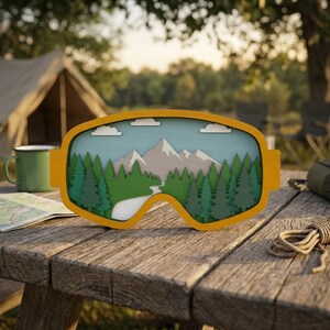 3D Layered Mountain Goggles SVG, Ski Snowboard Goggle Wood Sign, Forest Pine Tree Landscape Laser Cut File, Glowforge xTool Cricut SVG
