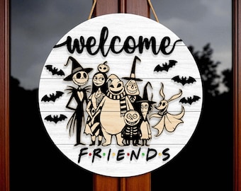 Halloween Friends Welcome Sign Digital Laser Cut SVG, Nightmare Character Round Door Hanger SVG