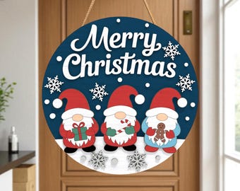 Merry Christmas Gnome Door Hanger Svg, Holiday Porch Sign Svg, Winter Gnome Round Svg, Xmas Decoration Svg, Glowforge Laser Cut File