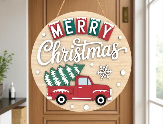 Merry Christmas Round Door Hanger SVG, Red Truck Laser Cut Sign, Holiday Porch Decor Glowforge Cricut Silhouette