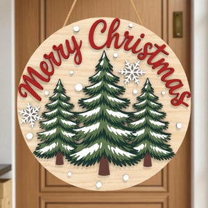 Merry Christmas Sign SVG, Layered Pine Tree Door Hanger, Winter Holiday Round Wood Sign, Christmas Laser Cut File