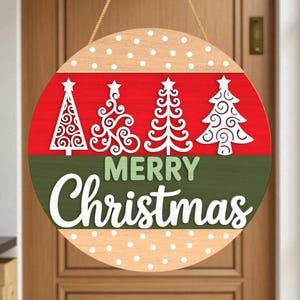 Christmas Tree Round Sign SVG, Layered Merry Christmas Door Hanger, Holiday Porch Decor, Festive Ornament Cut File for Cricut Glowforge