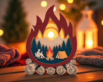 Lägereld Layered SVG, Camping Scene 3D Laser Cut-fil, Utomhus Natur Trädekor Mall, Glowforge Digital Nedladdning