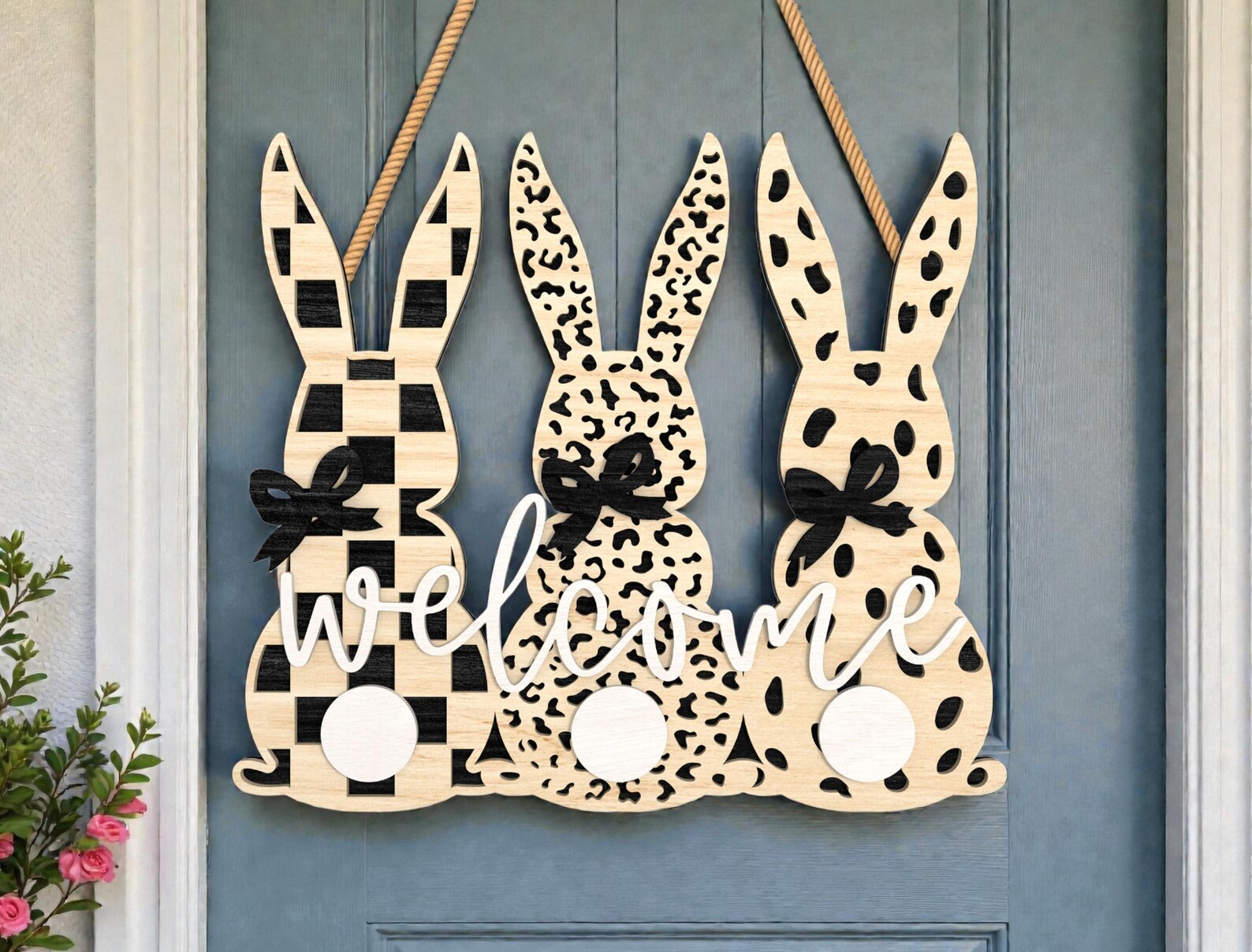 Easter Bunny Welcome Sign Laser Cut File Svg, Trio Bunny Door Hanger ...
