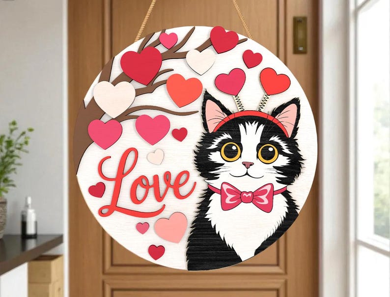 1177 R Sign Cute Cat Love Round Sign Laser Cut File SVG, Layered Valentine Door ...