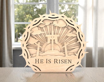 He Is Risen SVG, Crown of Thorns Cross Laser Cut File Svg,3D Layered Easter Sign, Resurrection Scene, Christian Wood Decor,  Glowforge xTool
