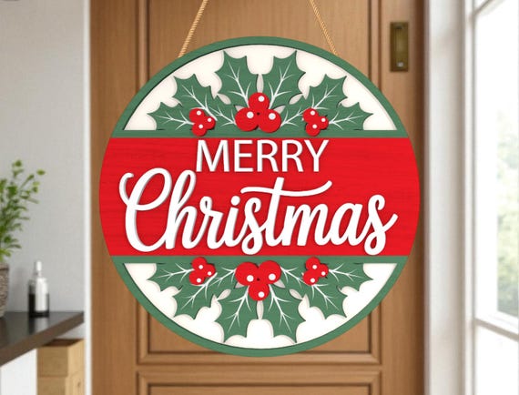 Holly Berry Round Christmas Sign SVG, Layered Merry Christmas Door Hanger, Holiday Porch Decor, Festive Winter Ornament Cut File