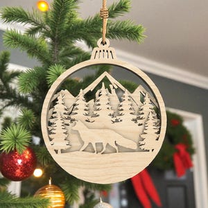 Fox Forest Ornament Svg, Layered Mountain Scene Svg, Rustic Christmas Wood Decor Svg, Laser Cut Winter Holiday Ornament File,Glowforge File