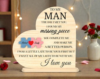Letrero de corazón con la pieza faltante para mi hombre, SVG, frase de amor de pareja de rompecabezas, archivo de corte láser con nombre personalizado, regalo romántico en capas 3D, Glowforge Xtool