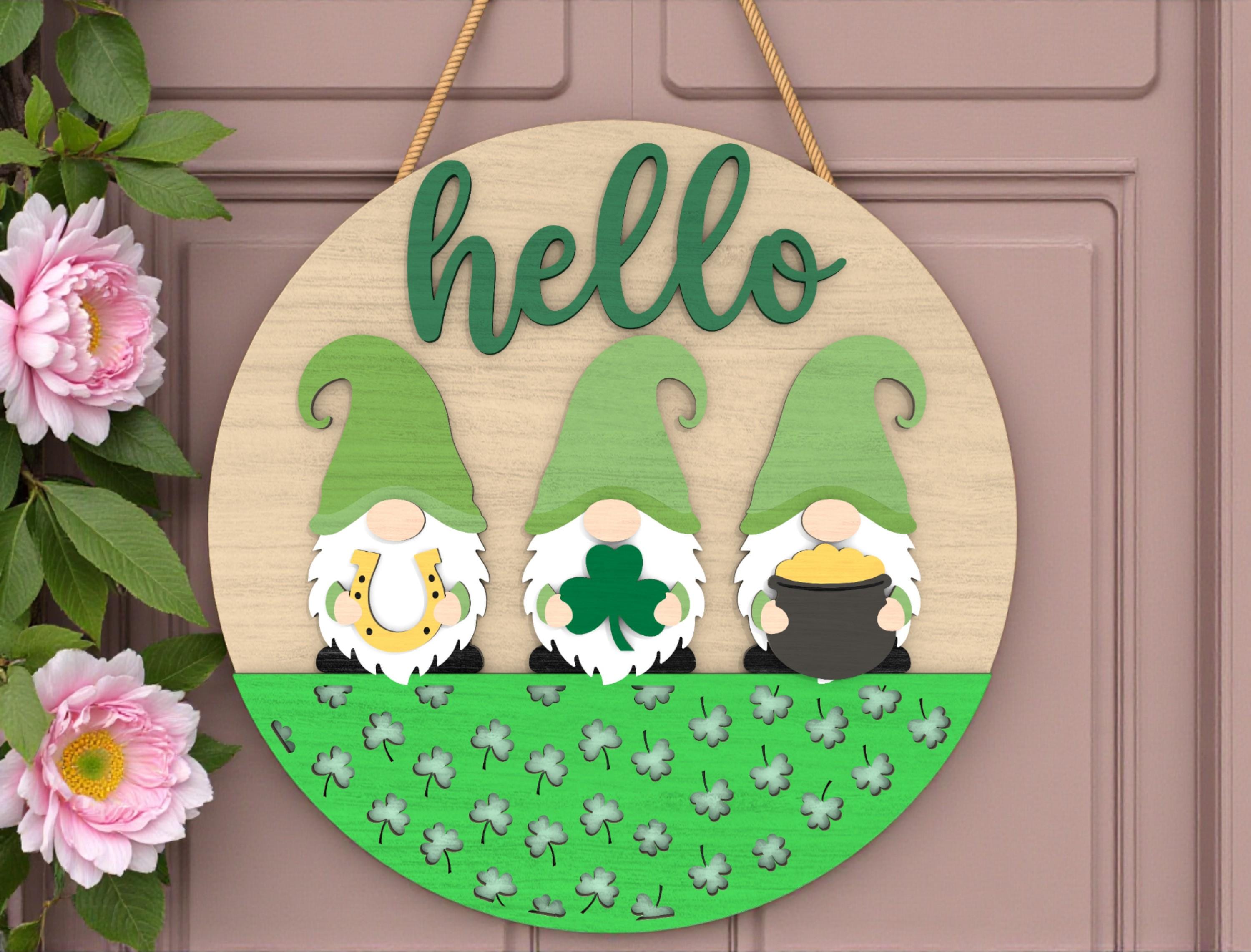 Hello St Patricks Day Gnome SVG, Round Door Hanger Laser Cut File