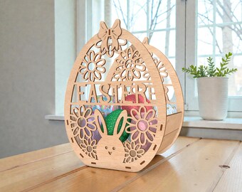 Floral Easter Bunny Basket SVG, Wooden Egg Holder Laser Cut File Svg, Rabbit Treat Box with Bow Svg, Spring Crate ,Glowforge xTool Cricut