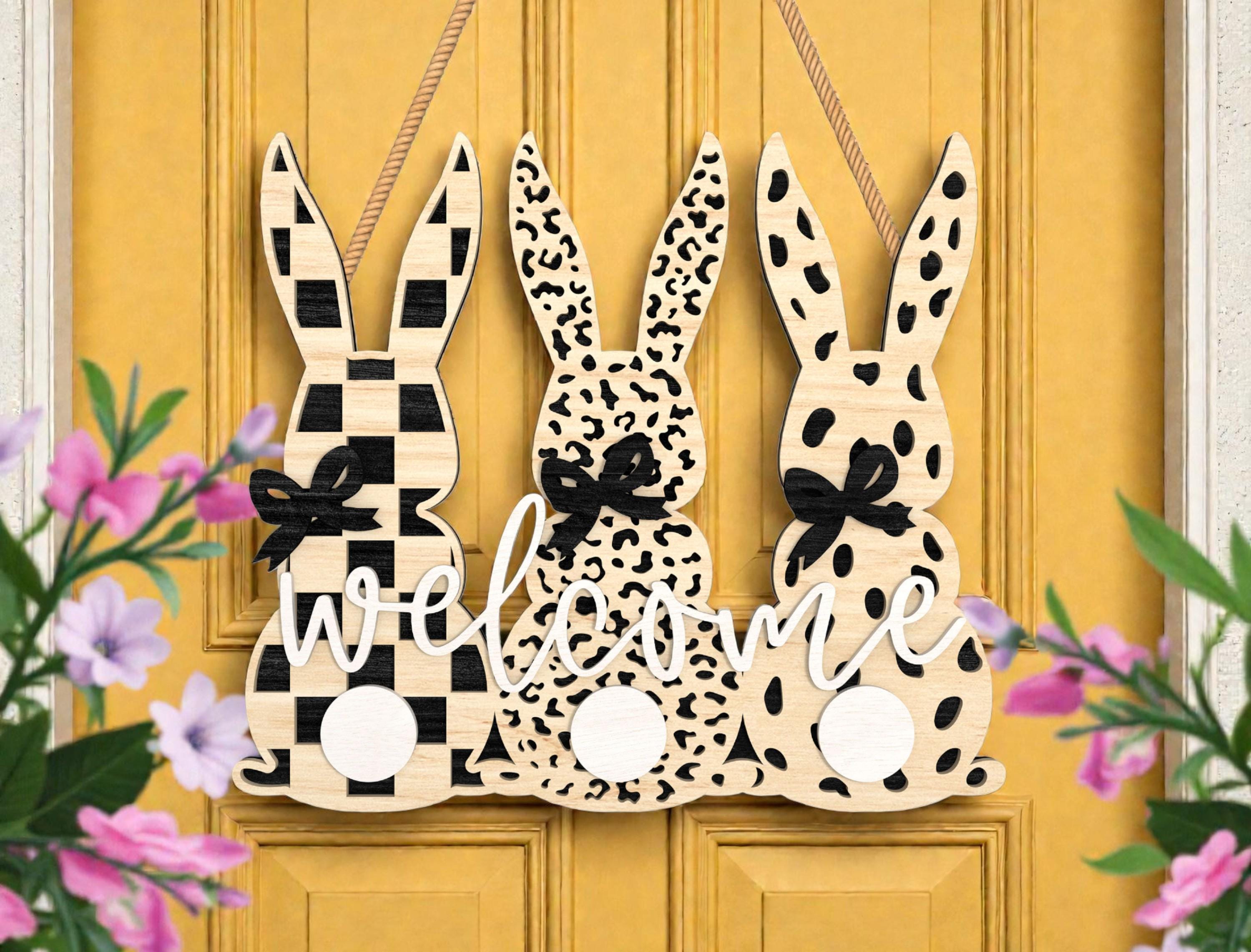 Easter Bunny Welcome Sign Laser Cut File Svg, Trio Bunny Door Hanger ...