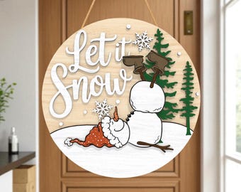 Funny Snowman Door Hanger SVG, Let It Snow Christmas Sign, Winter Wall Décor Laser Cut File for Cricut Glowforge