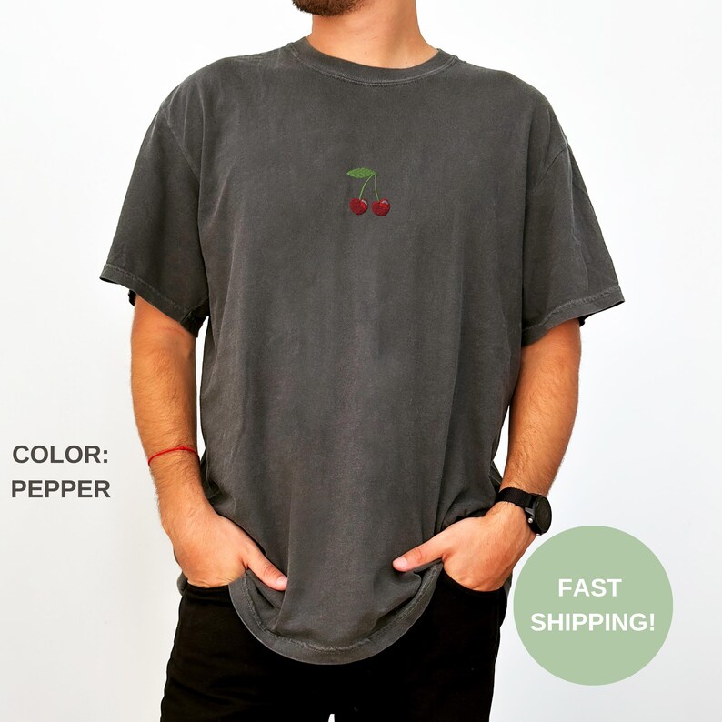 Cherry Embroidered Comfort Colors Tee, Cherries Shirt, Summer T-Shirt, Embroidered Tee, Embroidered Shirt, Custom Shirt, Cute Cherries Tee