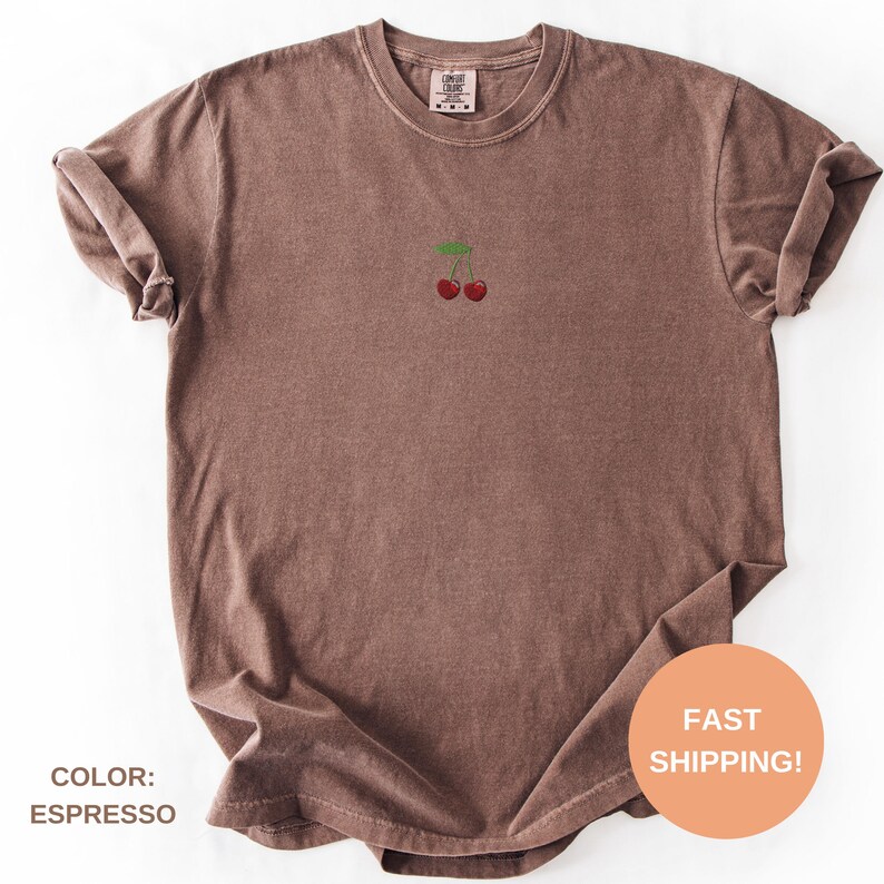 Embroidered Cherry Shirt Cute Coquette Bow T Shirt Comfort Colors Tee Gift for Her Cottagecore Kawaii Aesthetic Top Girly Embroidery Tee