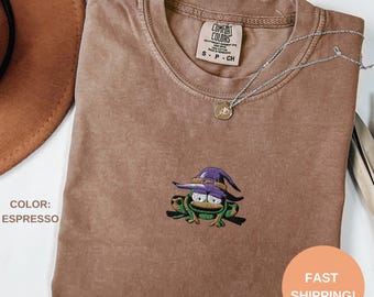 Embroidered Witch Frog Comfort Colors Halloween T-Shirt
