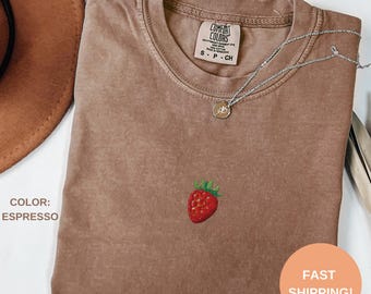 Embroidered Strawberry T-shirt, Cute Fruit Shirt, Strawberry Lover Gift, Trendy Fruit Tee, Beach Vacation Shirts, Strawberry Gift For Her