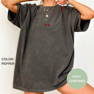 Embroidered Cherry shirt, Womens Trendy Vintage T-shirt, Embroidery Fruit Tee