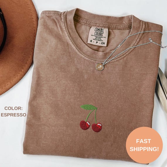 Embroidered Cherry Comfort Colors® T-shirt, Retro Cherry Embroidery Shirt, Cherry Lovers, Aesthetic Clothing Oversized Washed Shirts