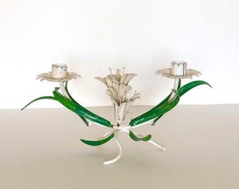 Vintage talian Tole Lily Candleholder — Florentia Hand Painted Metal Candelabra, Mid Century Floral Centerpiece