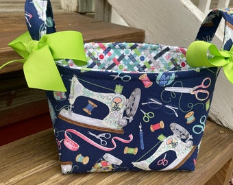 Navy Sewing Machine Sewing Notions Quilting Fabric Basket Organizer Bin Sewing Room- Personalization Available