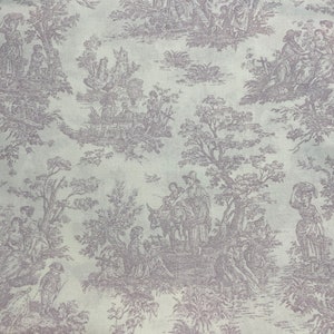 May include: Off-white fabric with a repeating toile pattern in a muted purple hue. The design depicts scenes of people in a pastoral setting, including figures, trees, and architectural elements. The fabric is likely cotton or a similar material.
