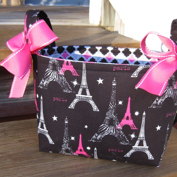 Black Pink White Eiffel Tower - Paris Organizer bin / Storage Fabric Basket / Small Diaper Caddie- Personalization Available