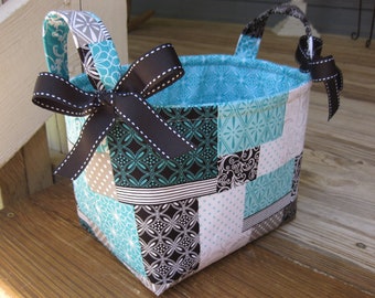Aqua Black Grey White Patchwork Damask Fabric Organizer Bin / Basket / Diaper Caddy - Personalization Available