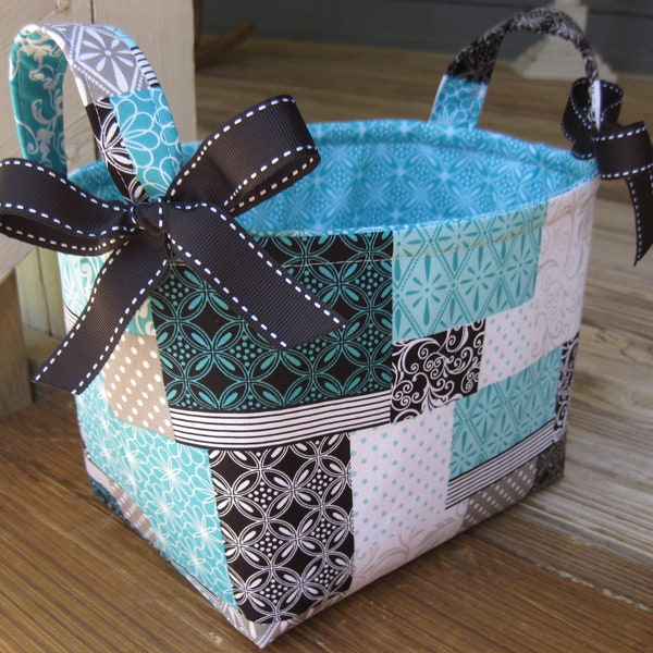 Aqua Black Grey White Patchwork Damask Fabric Organizer Bin / Basket / Diaper Caddy - Personalization Available