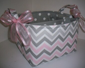 Large Diaper Caddy 10 x 10 x7 / Organizer Bin / Pink Grey Chevron - Zig Zag - Personalization Available