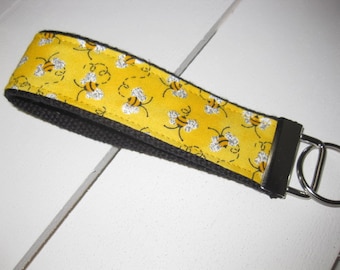 Yellow Black Glitter Bumble Bee Honey Bee Key Fob / Key Chain / Wristlet / Luggage Tag