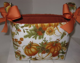Fall Pumpkin Basket, Bag, Organizer Tote, Bucket, Orange Gold Metallic Pumpkins, Fall Decor - Personalization Available 8" x 6" x 7"