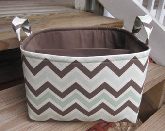 Ready to Ship!! Large Diaper Caddy / Organizer Bin / Baby Room Storage / Toy Bin -Mint Green Brown Chevron - Personalization Available
