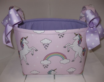 Pink Purple Aqua Unicorn Rainbows Sparkle Organizer bin / Fabric Basket / Small Diaper Caddy -Personalization Available - 8" x 6" x 7"