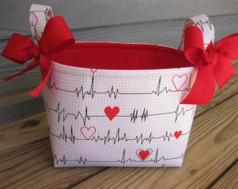 White Red Black EKG Heartbeat Fabric Organizer Bin Basket Gift Bag - Personalization Available - Nurse Doctor Thank You Gift- 8" x 6" x 7"