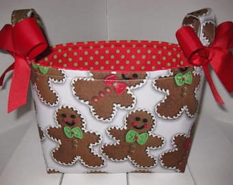 Christmas Gingerbread Man Cookie Polka Dot Fabric Organizer Bin / Basket / Table Centerpiece - Personalization Available