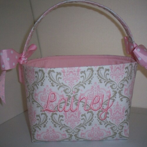 Pink Gray Taupe Damask Fabric Basket / Small Diaper Caddy / Etsy