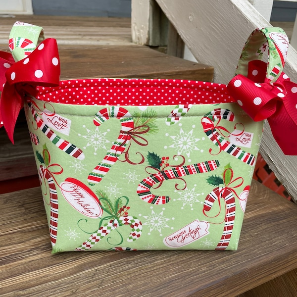 Red Green Christmas Candy Canes Fabric Gift Basket / Organizer Bin / Christmas Decor - Personalization Available