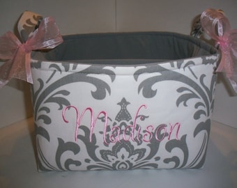Large Diaper Caddy / Organizer Bin / Grey White Pink Damask -Personalization Available