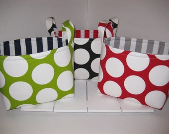 Red Lime Green Black Navy Large Dots Stripes Organizer Bin / Fabric Easter Basket / Diaper Caddy -Personalization Available