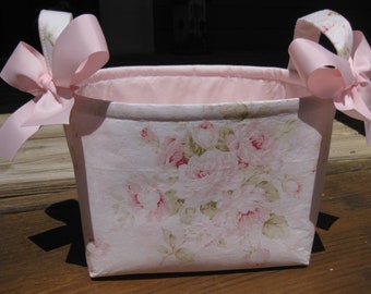 Pink Rose Ivory Organizer bin, Fabric Basket, Small Diaper Caddy, Gift Bag -Personalization Available- 8" x 6" x 7"