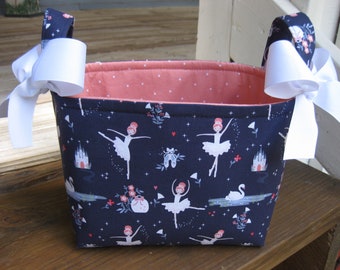 Navy Blue Coral Pink Ballet Dancers White Swan Fabric Basket / Gift Bag / Small Diaper Caddy -Personalization Available- 8" x 6" x 7"