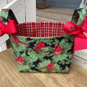 Christmas Red Cardinals Holly Gold Red Plaid Fabric Gift Basket - Organizer Bin- Gift Bag - Christmas Table Decor