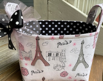 Black Pink Eiffel Tower Paris Organizer Bin Storage Fabric Basket Small Diaper Caddy Personalization Available- 8" x 6" x 7"