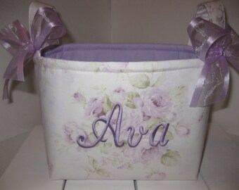 Lavender Rose Ivory Organizer Bin Fabric Basket Small Diaper Caddy Gift Bag -Personalization Available- 8" x 6" x 7"