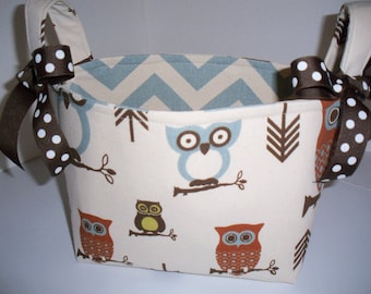 Owl Basket Fabric Organizer Bin - Blue, Olive Green & Rust Chevron Zig Zag - Personalization Available 8" x 6" x 7"