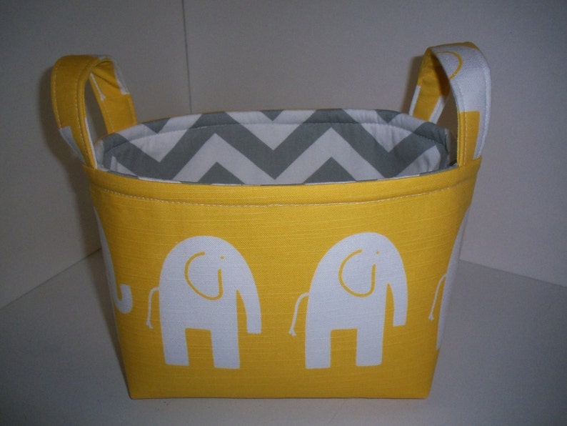 Small Diaper Caddy / Organizer Bin / Fabric Basket Yellow Grey Elephants Zig Zag Chevron Personalization Available image 5